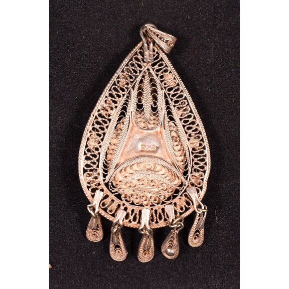 Vtg Large 925 Sterling Silver Filigree Pendant w/Blue Stone & Dangles - Picture 8 of 9